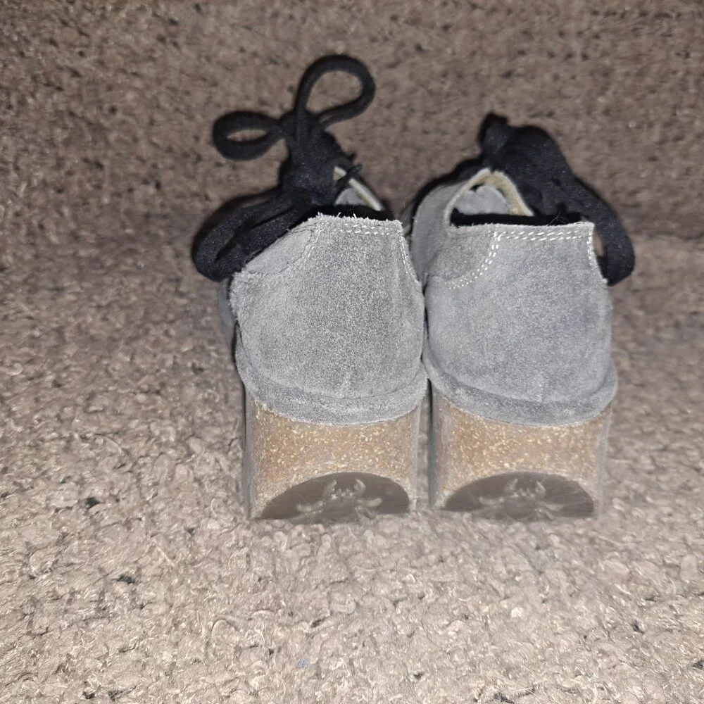 FLY LONDON-Nely-Gray Lace Up Suede Wedge Loafer-Sz 39/8.5-Near Mint